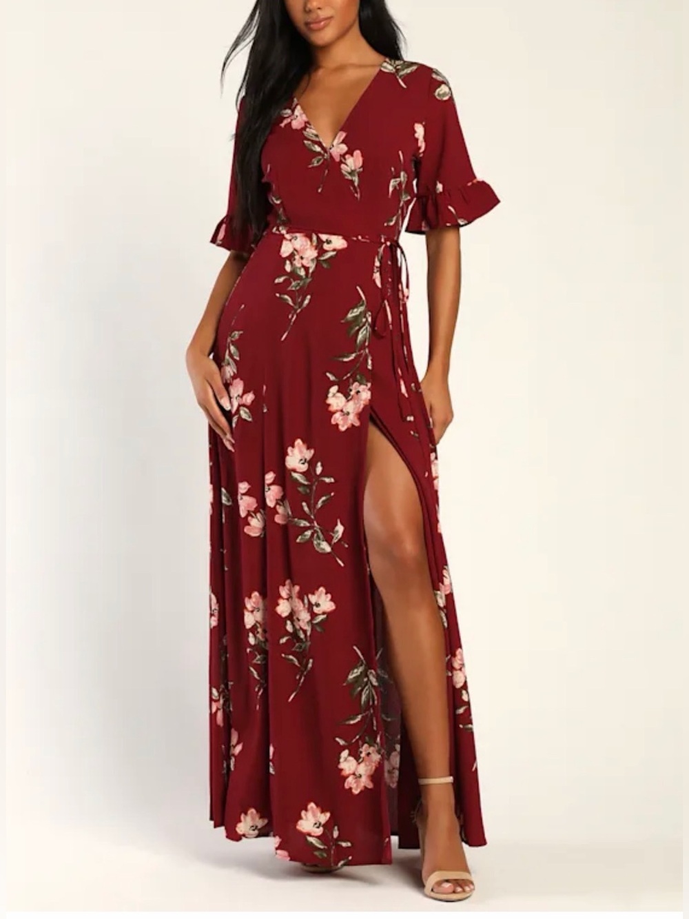 LULUS Women’s September Sunsets Burgundy Floral V-neck Wrap Maxi Dress Size S